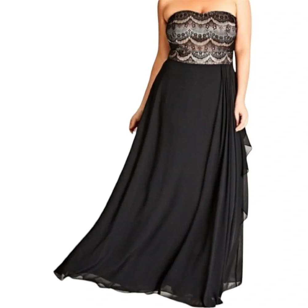 - City Chic Maxi Eyelash Ebony Lace Bodice Formal Evening Gown Dress - Picture 1 of 14